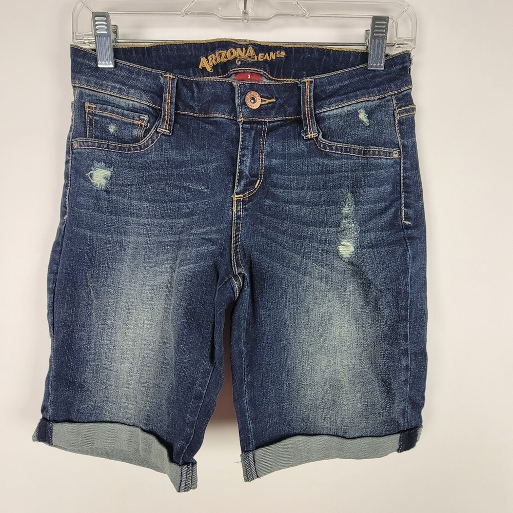 Arizona Jeans Womens Shorts Juniors Sz 3 Blue Distressed Bermuda‎ Cuffed Stretch